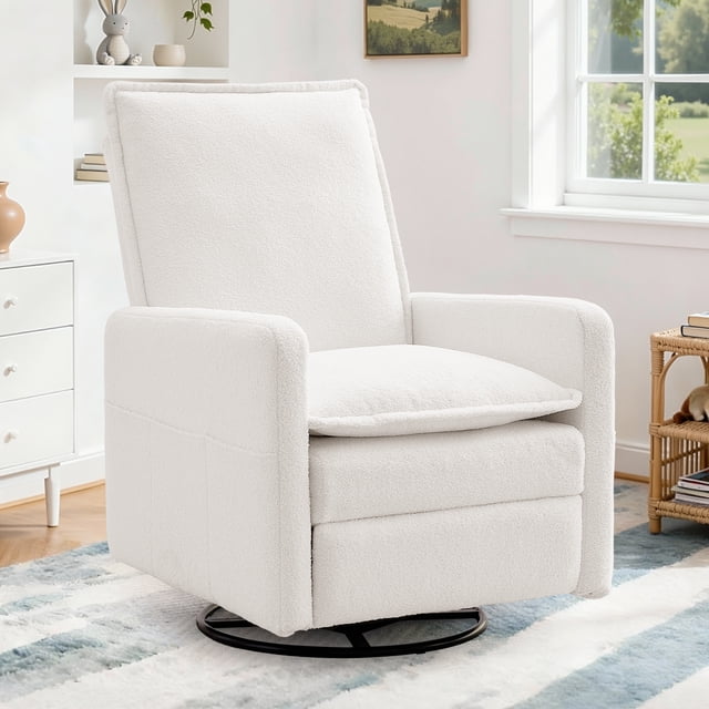 Korser Manual Swivel Rocker Recliner Chair with Side Pockets Nursery Glider Recliner for Living Room, Nursery, Beige. This chair features soft, breathable Teddy fabric upholstery and high-density foam cushioning for comfort. It offers 360-degree swivel rotation, a 30-degree rocking motion, and a reclining angle adjustable from 105° to 150°. The chair includes a side pocket for convenient storage and a sturdy steel base supporting up to 300 lbs. Ideal for nurseries, living rooms, or reading corners, it measures 26.77 inches deep, 40.55 inches high, and 27.17 inches wide. Shown in a bright nursery setting with natural light.