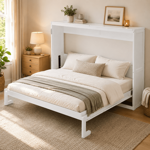 Homy Casa Full Size Murphy Wall Bed with Storage Shelves, Space-Saving Fold-Away Wood Bed Frame for Guest Room, White