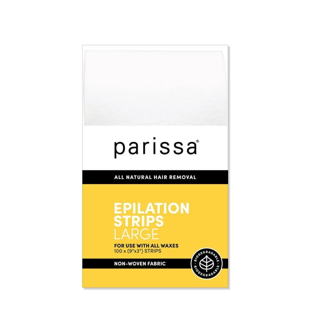 Parissa Biodegradable Epilation Strips Large package with 100 non-woven fabric strips sized 9 by 3 inches, designed for use with all waxes, offering all natural hair removal with biodegradable materials suitable for eco-conscious waxing routines.
