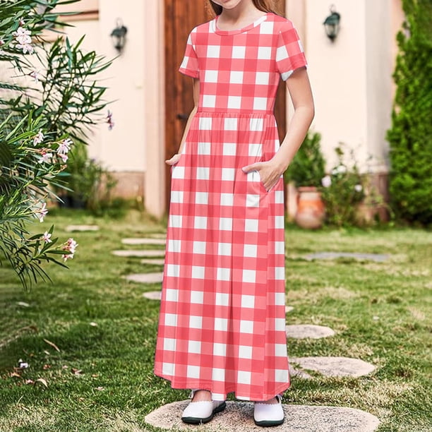 girls graduation dresses for 5th graders Sentmoon Grade Dress Summer Trendy Crew Neck Dress 10-12 Puffed Sleeve Relaxed with Print Stretchy Tween Girls for Weekend Brunch Red 13 Years 8 Fancy