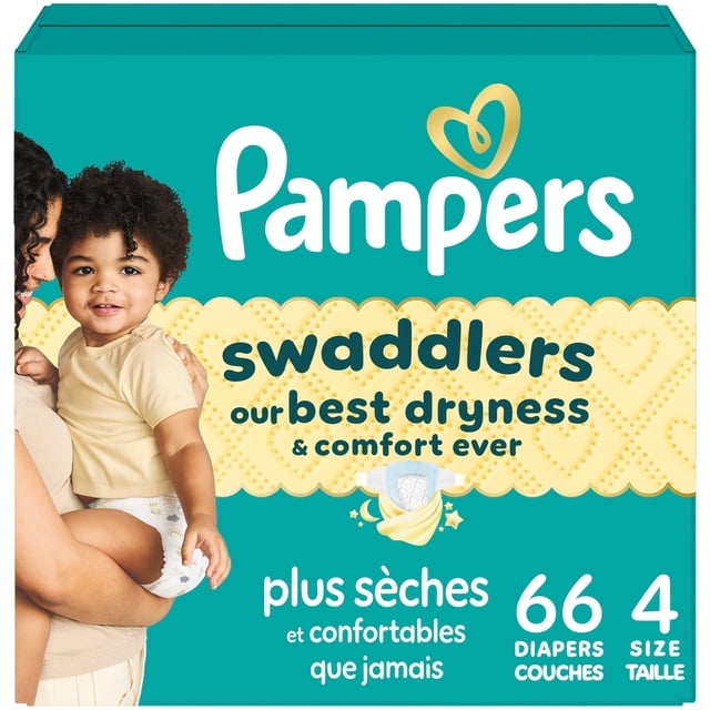 Pampers Swaddlers Couches, Taille P4 (15-34 lbs), Absorbantes, Garde Bébé au Sec et Confortable, Couche pour Bébé Jetable Sûre pour la Peau