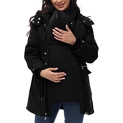 Mceream Maternity 3 In 1 Winter Coat Thicken Quilted Lined Warm Hooded Outwear Puffer Down Jacket Parka With Pockets Plus Size Outwear Abrigo Impermeable Para Mujer Black XXL