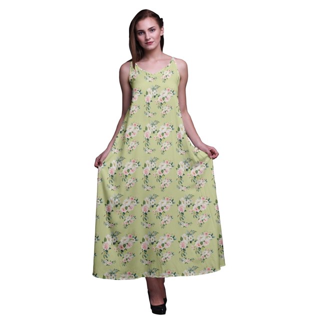 Bimba Robe Maxi à Bretelles Spaghetti Sans Manches pour Femmes en Rayonne à Imprimé Floral, Coupe Évasée - X-Grand