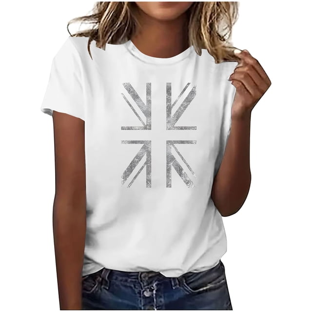 Pisexur Hauts pour Femmes, Hauts d'Été pour Femmes, Hauts pour Dames, Nouveau Pull à Manches Courtes Col Rond Décontracté Imprimé Blanc, TG
