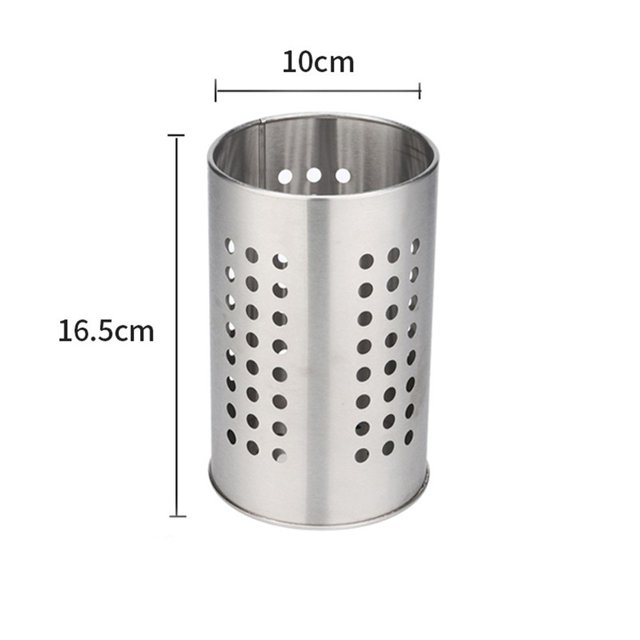Stainless Steel Utensil Holder Kitchen Utensil Cutlery Stand Rack Drainer. A cylindrical silver utensil holder made of stainless steel with a perforated design for air ventilation. The holder measures 10 cm in diameter and 16.5 cm in height, featuring a drain hole at the bottom to prevent water accumulation. Ideal for organizing and drying kitchen utensils.