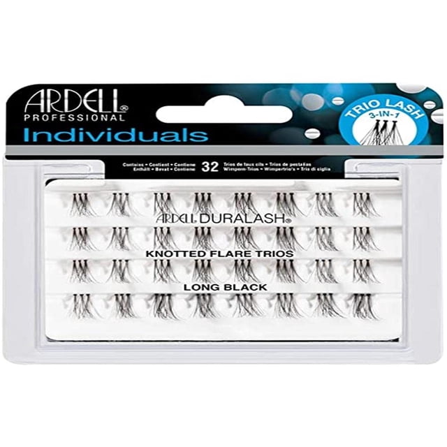 Ardell Individual Trios Eyelash, Black, Long packaged in a clear tray with 32 knotted flare trio lashes. Features include knot-free application, permanent curl, waterproof design, and customizable use for eyelash extensions or filling gaps.
