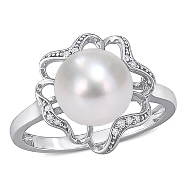 Miabella Freshwater Cultured Pearl and Diamond Accent Sterling Silver Abstract Floral Ring