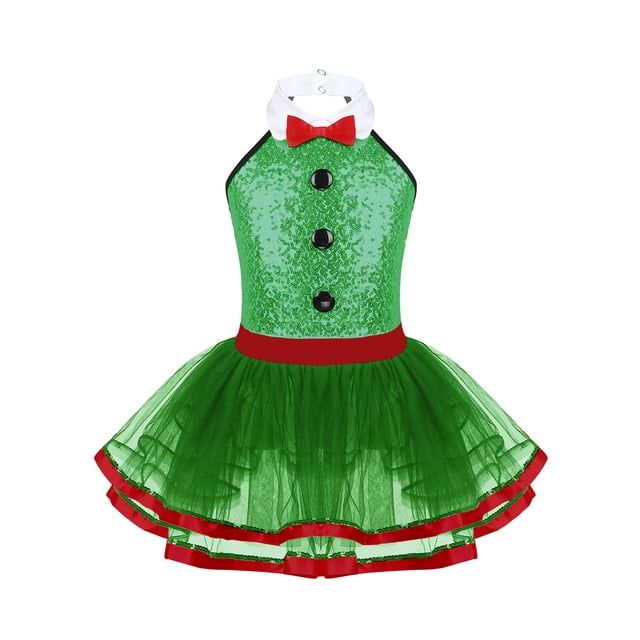 ranrann Jupe Tutu à Sequins Col Halter pour Filles Robe de Danse Ballet Déguisement Vert 6