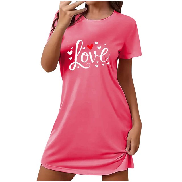 Amzcrzy Pyjamas pour Femmes Mode Imprimé Cœur Valentines Day Robe Décontractée Confortable à Manches Courtes Chemises de Nuit pour Femmes Valentines Day Cadeaux