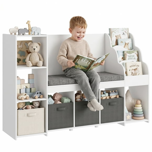 Qaba Étagère de Rangement pour Enfants avec Coin Lecture, 3 Tiroirs en Tissu pour Salle de Jeux