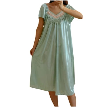 Liquidation de Pyjama en Coton pour Femmes, Chemise de Nuit à Manches Courtes pour Femmes, Ample, Confortable, Douce, Tenue de Détente, Nuisette à Col en V Plissée, Jolies Robes de Pyjama, Chemise de Nuit pour Femmes, Nouvelle, Verte, Taille Unique
