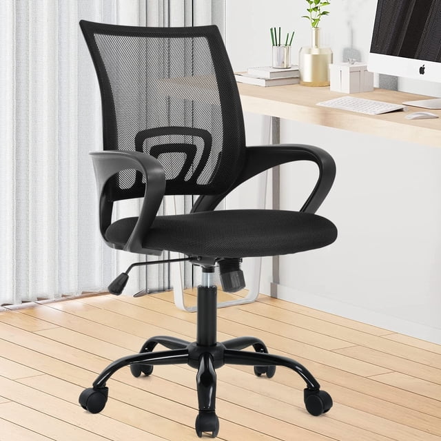 NiamVelo Mesh Office Chair Height Adjustable Ergonomic Computer Desk Chair with armrests and wheels, shown in black. Features a breathable mesh backrest, high-density sponge cushion, and a middle-back design for lumbar support. Adjustable height from 35.2 to 38 inches with a tilt tension knob for relaxation. Suitable for adults with a weight capacity of 250 lbs, ideal as a swivel chair for office furniture in a modern home office setting.