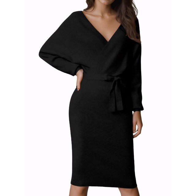 INSPIRE CHIC Robe Midi pour Femme Col en V Profond Manches Chauve-Souris Longues Ceinturée Robe Chandail Portefeuille L Noir