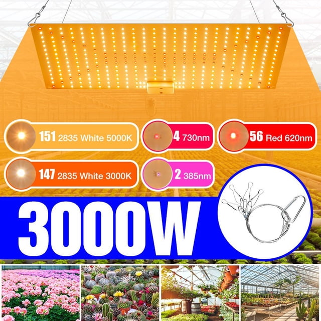 JUNWELL LED Grow Light Full Spectrum 3000W for indoor plant growth, featuring SMD2835 LED chips with 360 LEDs providing warm white, white, red, IR, and UV light. Includes steel wire rope for hanging, IP65 waterproof power box, and aluminum panel for heat dissipation. Ideal for hydroponics, greenhouses, and indoor horticulture. Commonly used as plant lights or grow light bulbs for veg and bloom stages.