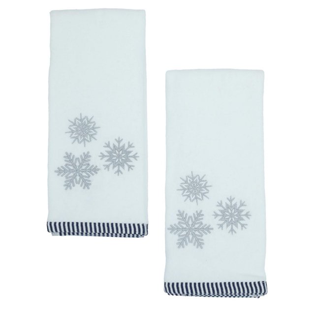 Holiday Time Hand Towels set of two white 100% cotton towels each with three silver embroidered snowflakes and navy blue striped edges, measuring 16 in. by 26 in., ideal for bathroom accessories and seasonal décor.