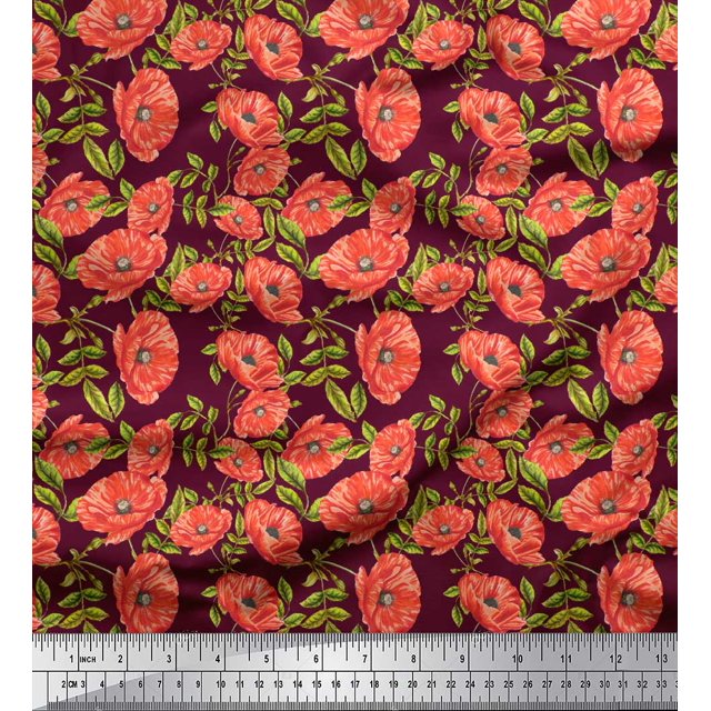 Soimoi Purple polyester Crepe Fabric Leaves & Floral Print Fabric by Yard 42 Inch Wide