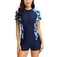thumbnail image 2 of cllios Boyleg Swimsuits for Women Color Block One Piece Training Swimwear Bathing Suit Athletic Short Sleeve Rash Guard Surfing Outfits Summer Clearance Blue L, 2 of 7