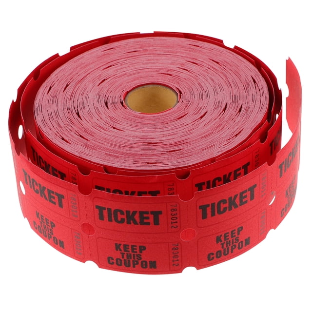 1 roll of raffle tickets in red, made of coated paper with perforations for easy tearing. Each ticket features bold black text reading 'TICKET' and 'KEEP THIS COUPON.' The roll is suitable for raffles, events, bingo, and more, with dimensions of 12.50x12.50x5.00cm.