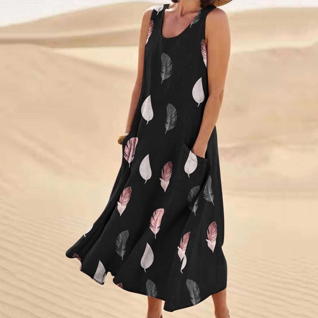 Jsaierl Robes en Lin pour Femmes Été Sans Manches à Imprimé Plume Décontractées Amples Fluides Maxi avec Poches