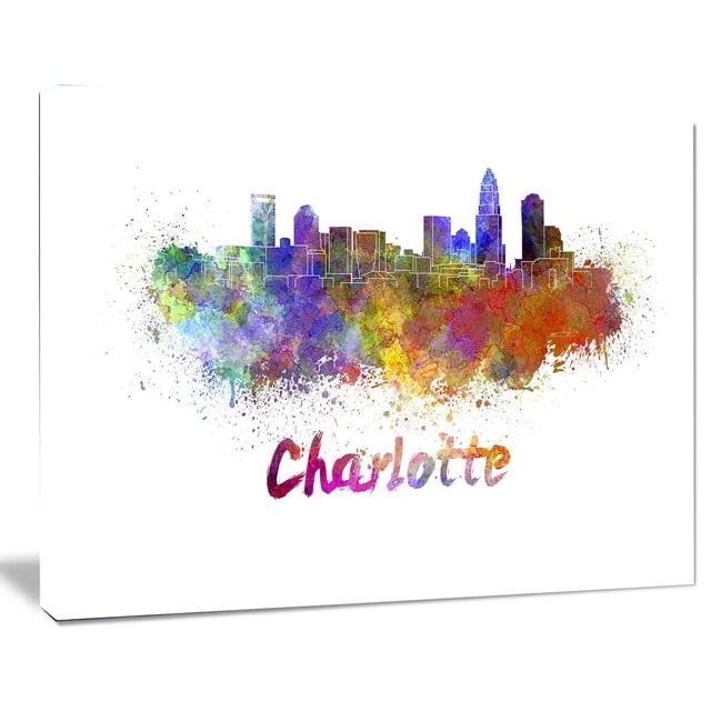 Design Art Charlotte Skyline Canvas Print on gallery wrapped cotton canvas featuring a vibrant watercolor splash silhouette of Charlotte's skyline, printed with high-resolution giclée ink, ready to hang with included hardware, suitable for enhancing home or office wall décor.
