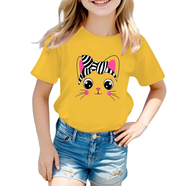 PMVFHDE Hauts d'Été pour Fille Hauts d'Été pour Filles T-Shirts pour Fille T-Shirts Graphiques Ensembles de Shorts et Hauts pour Filles T-Shirt Graphique à Col Rond à Manches Courtes pour Fille T-Shirt d'Été Jaune, 5-6 Ans