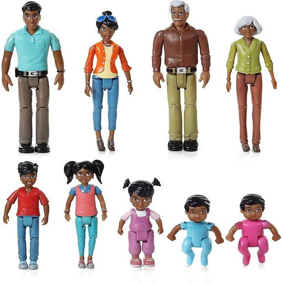 Beverly Hills Doll Collection Sweet Li'l Family African American Dollhouse People Set of 9 Action Figure Set - Grandpa, Grandma, Mom, Dad, Sister, Br
