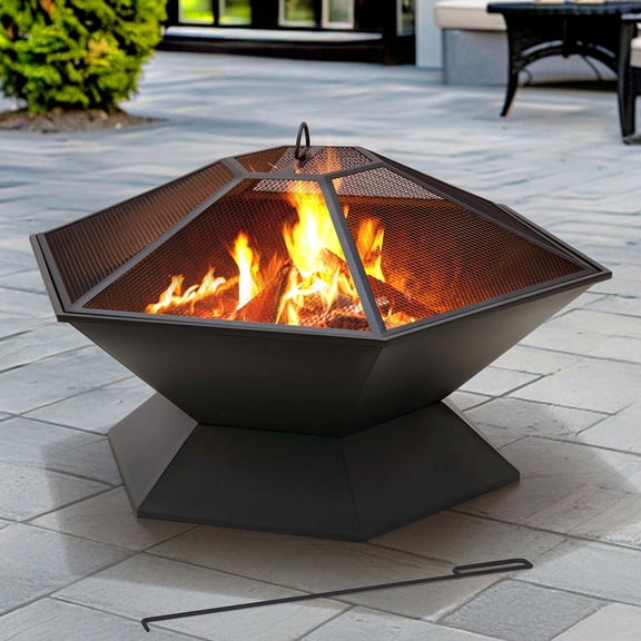 Sunjoy Firepit Hexagon 35 Inch Steel Wood Burning Fire Pit with Fire Poker and PVC Cover for Camping, Backyard and Patio