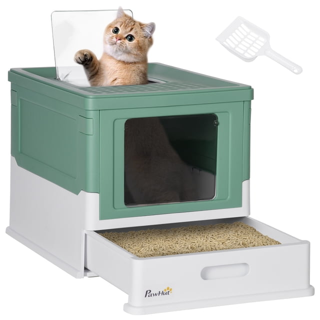 PawHut Bac à Litière pour Chat Fermé avec Pelle, Plateau et Entrée par le Haut en Vert et Blanc. Présente un design Entièrement Fermé avec une Entrée par le Haut et Deux Portes pour l'Intimité et un Dégât Réduit. Comprend un Plateau Coulissant pour un Nettoyage Facile, un Couvercle Amovible avec Boucles Latérales, et une Pelle à Litière. Convient aux Chats de Moins de 11 lb (5 kg). Dimensions : 18,7 Pouces de long, 14 Pouces de Large et 14,4 Pouces de Haut.