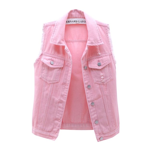Denim Vest for Women Plus Size Casual Button Down Solid Color Ripped Crop Jacket Vest Waistcoat Streetwear
