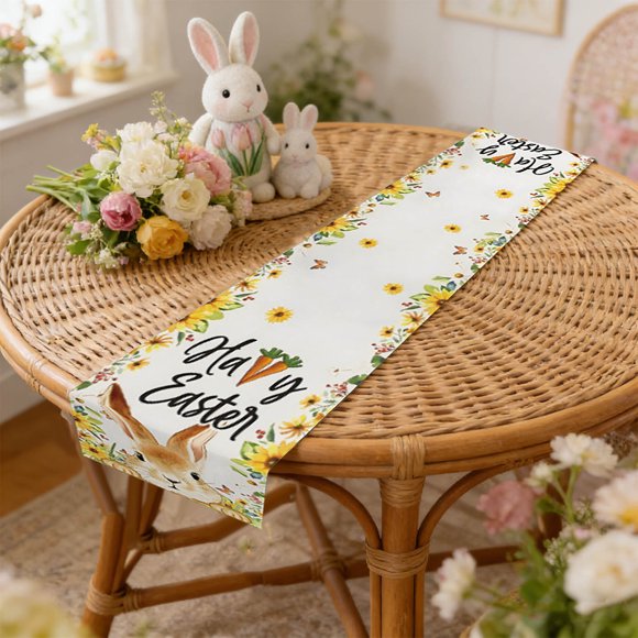 Chemin de Table de Pâques en Lin, Nappe Double Face, 13x59 Pouces, Décoration de Table Printanière pour Salle à Manger, Décor de Cuisine Rustique Réversible, Centre de Table des Fêtes, Lavable