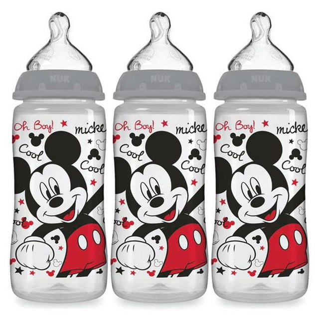 NUK Ensemble de Trois Biberons Disney à Écoulement Fluide Transparents Anti-Coliques pour Bébé avec Capuchons Gris et Tétines, avec Illustration de Mickey Mouse en Noir, Rouge et Blanc, avec Indicateur de Température SafeTemp pour une Alimentation Sécuritaire.