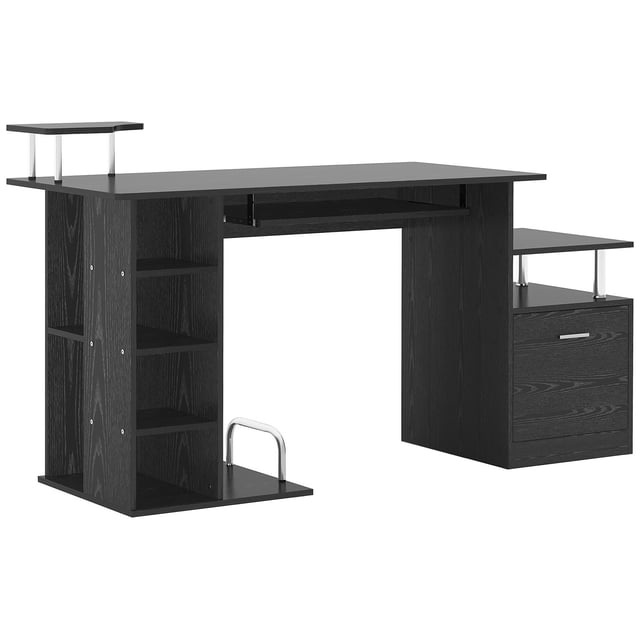 Bureau d'Ordinateur en Bois Table pour Portable Poste de Travail avec Tiroir de Rangement Étagère Noir. Ce Bureau à Motif de Bois Noir Présente un Plateau Spacieux, un Plateau de Clavier Coulissant, un Support pour CPU et Plusieurs Étagères pour le Rangement. Fait de Panneau MDF et de tube en Acier, Il Comprend une Étagère Sécurisée pour un Moniteur Ou une Imprimante, un Plateau Coulissant pour un Clavier et une Souris, et un Tiroir pour les Dossiers. Dimensions : 59,75 Pouces de long, 23,5 Pouces de Large et 34,75 Pouces de Haut. Convient pour la Maison Ou le Bureau.