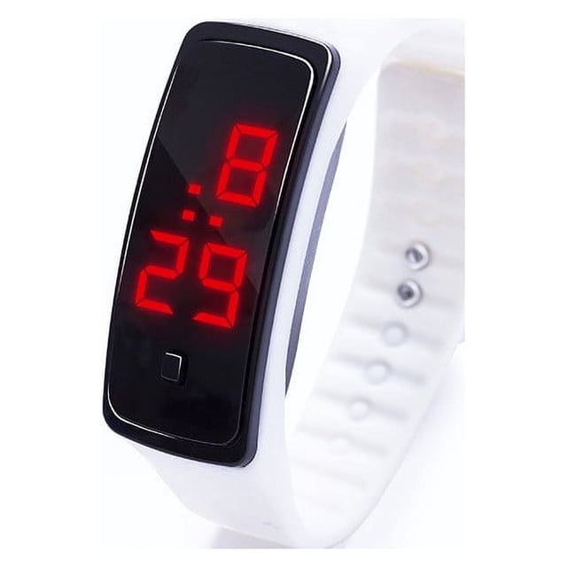 TIMIFIS Fitness Tracker Style Collégial Étudiant Petit Carré Électronique Smart Watch avec un Écran LED Noir Affichant des Indicateurs Numériques Rouges d'Heure et de date, Jumelé à une Sangle en gel de Silice Écologique Blanche. Cette Technologie Portable Est Idéale pour le Suivi de la Condition Physique, avec un Système de 12 Heures, une Touche d'Utilisation et un mode d'Économie d'Énergie. Convient aux Étudiants et aux Utilisateurs Actifs pendant les Entraînements Ou les Activités Quotidiennes.