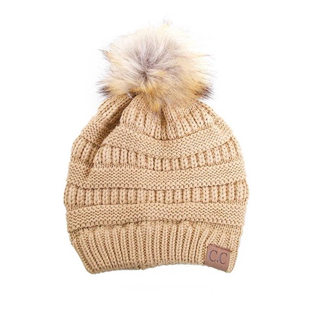 Gravity Threads Cable Knit Faux Fur Pom Pom Beanie Hat, Camel