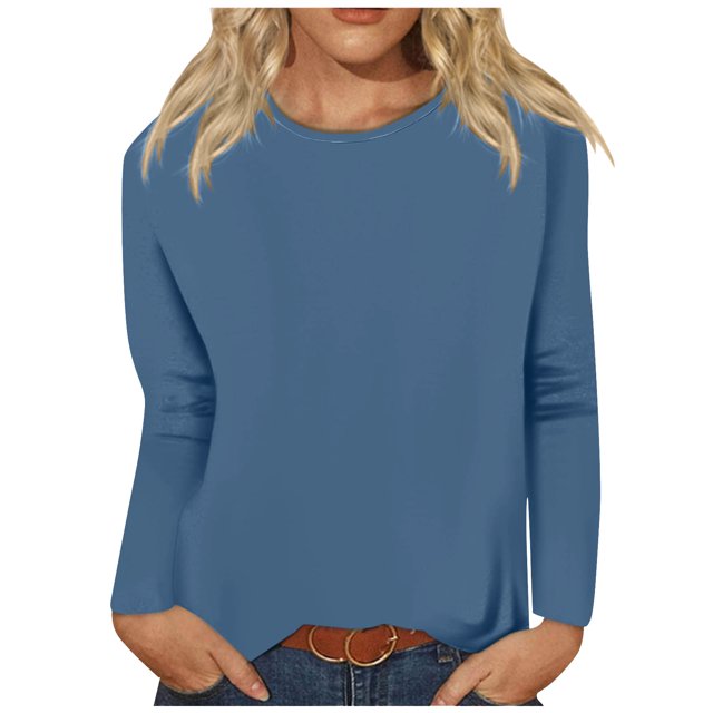 Timegard Womens Tops Long Sleeve Round Neck Solid Color Basic Tee Fall Casual Comfy Loose Tops Blouse