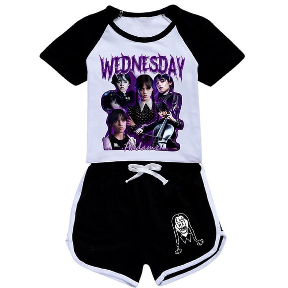Children's Girls Wednesday Adams Printed Short Sleeve T-shirt Shorts Set Pajamas