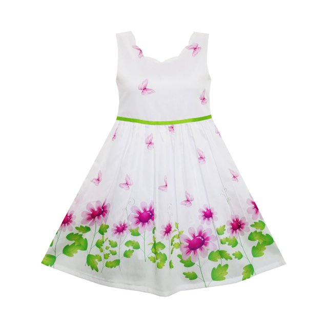 Robe Fille Violette Tournesol Feuilles Vertes Papillon 7 Ans