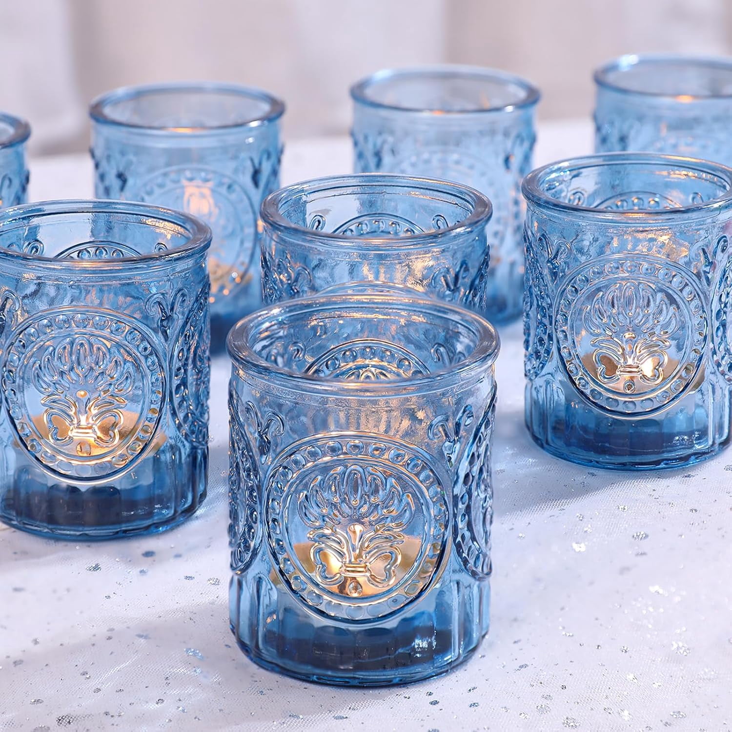 Key Table Writing Simeitol Blue Votive Candle Holders 12PCS, Baby Shower Glass Tea Lights ...