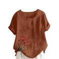 thumbnail image 1 of Pisexur Hauts pour Femmes Décontractés en Lin Col Rond Grande Taille Imprimé Manches Courtes T-shirt Blouse, Hauts d'Été pour Femmes Café, 3TG, 1 of 5