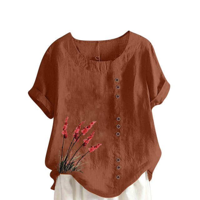 Pisexur Hauts pour Femmes Décontractés en Lin Col Rond Grande Taille Imprimé Manches Courtes T-shirt Blouse, Hauts d'Été pour Femmes Café, 3TG
