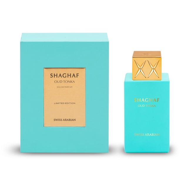 Swiss Arabian Shaghaf Oud Tonka Limited Edition EDP for Him/Her, 75ml bottle and packaging. The turquoise bottle features a gold cap with embossed details, and the matching box has a gold label displaying the product name. A unisex fragrance with top notes of almond, heart notes of cinnamon bark, Tunisian orange flower, and Turkish rose, and base notes of tonka, vanilla, and amberwood.