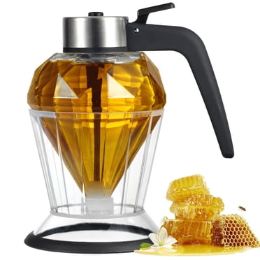 Distributeur de Miel, Distributeur de Sirop en Verre pour Crêpes, Élégant Pot à Miel en Forme de Diamant, Pot à Miel avec Base Support, Distributeur de Sauce Anti-Goutte pour Huile Comestible, Vinaigre, Sauce Soya