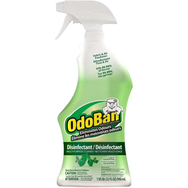 OdoBan Disinfectant and Odour Eliminator in a 946ml spray bottle with eucalyptus scent. The green bottle features a white spray nozzle and branding that highlights its ability to kill 99.99% of germs, eliminate odours, and inhibit mold and mildew growth. Suitable for use on washable surfaces like kitchens, bathrooms, and floors.