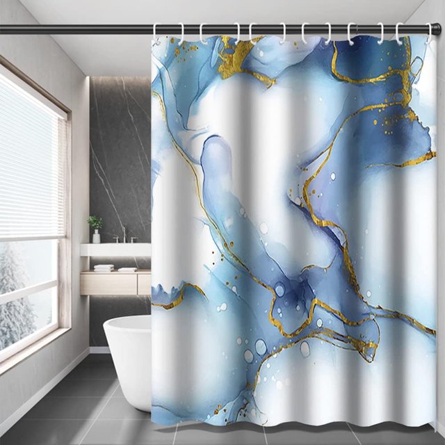Light Blue Marble Shower Curtain Abstract Watercolor Ink Painting with Golden Accents Machine Washable Digital Printing Decor into an Artistic Oasis (72"x72) Includes Hooks