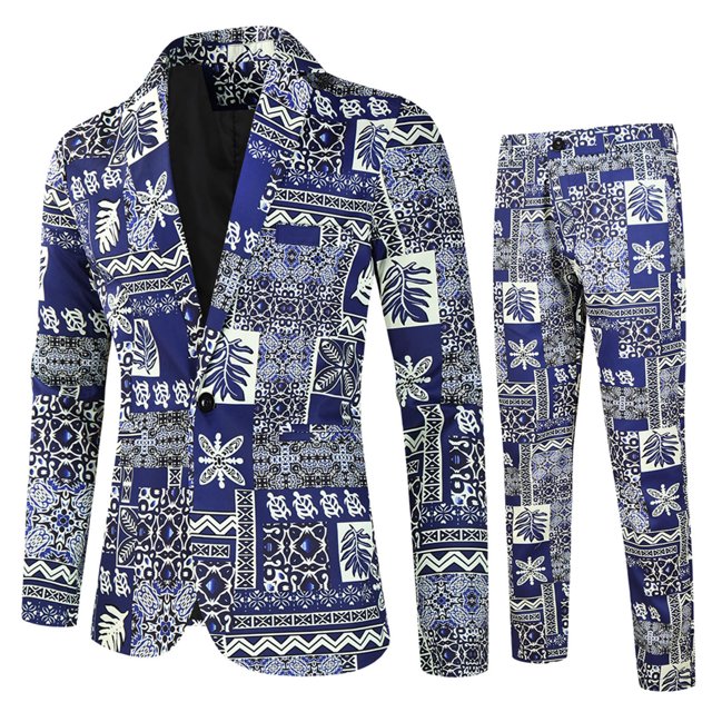 XZNGL Men Casual Single Button Printed Long Sleeve Coat Trousers Two Piece Suit