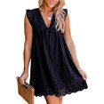 thumbnail image 1 of Oversized Women's V-Neck California Romper Dress, Summer Short Sleeve, Ruffle Detail with Pockets, Solid Color, 1 of 7