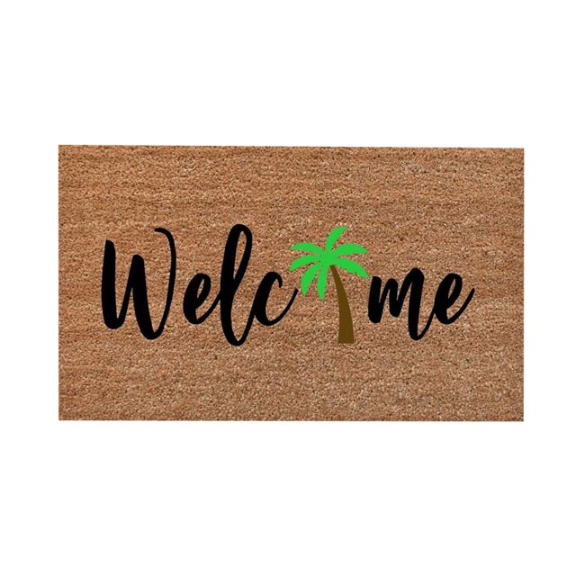 16x24 inch summer coir door mat with a 'Welcome' design featuring a green palm tree graphic replacing the letter 'l'. Made from durable coir material with anti-slip PVC backing, suitable for outdoor and indoor use. Ideal for entrances, patios, or as a decorative welcome mat.