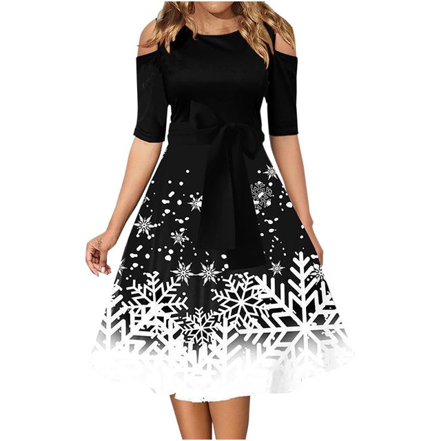 AherBiu Robe de Noël pour Femmes à Épaules Dénudées, Manches 3/4, Fermeture Éclair, Taille à Nœud, Froncée, Robe Midi de Fête