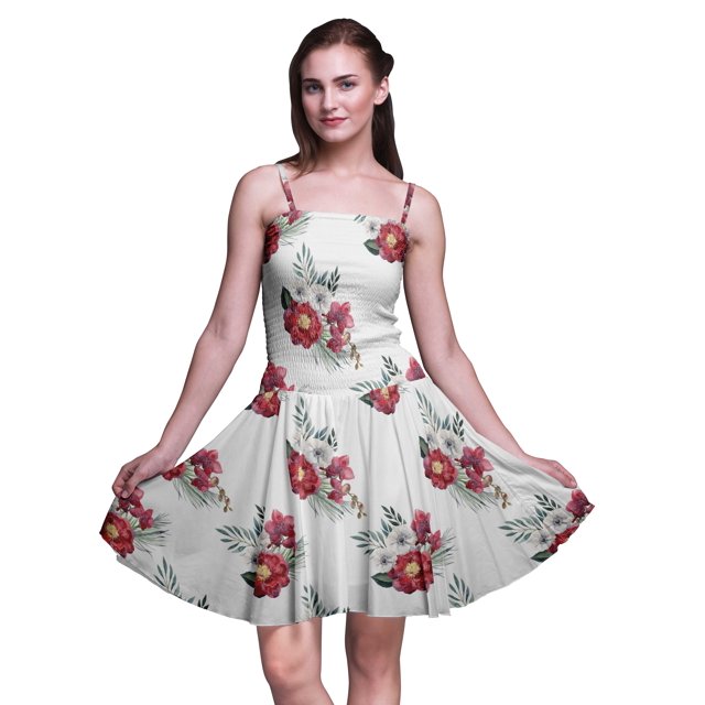 Bimba Robe Soleil Mini à Taille Smockée pour Femmes à Imprimé Floral, Tenue de Fête d'Été pour les Vacances - Moyen