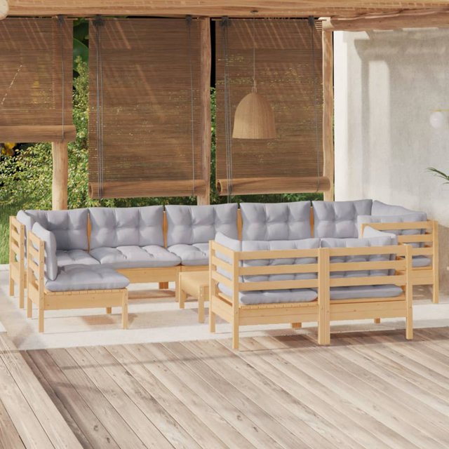 vidaXL Salon de Jardin 10 Pièces avec Coussins Gris en Pin Massif